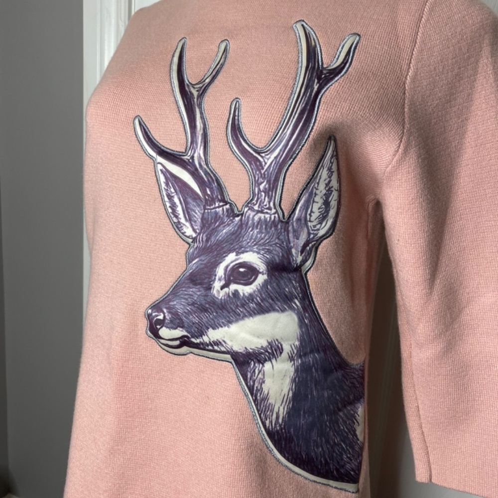 Pink Wool Blend Deer Appliqué Sweater Tunic Cottagecore M - Picture 10 of 16
